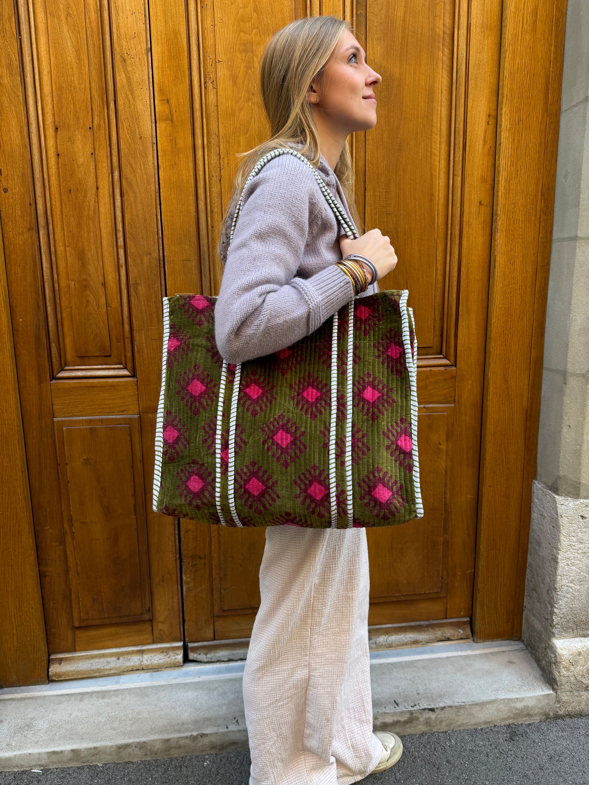 Sac Tote Velours Vert et Rose - Jolly Jungle 