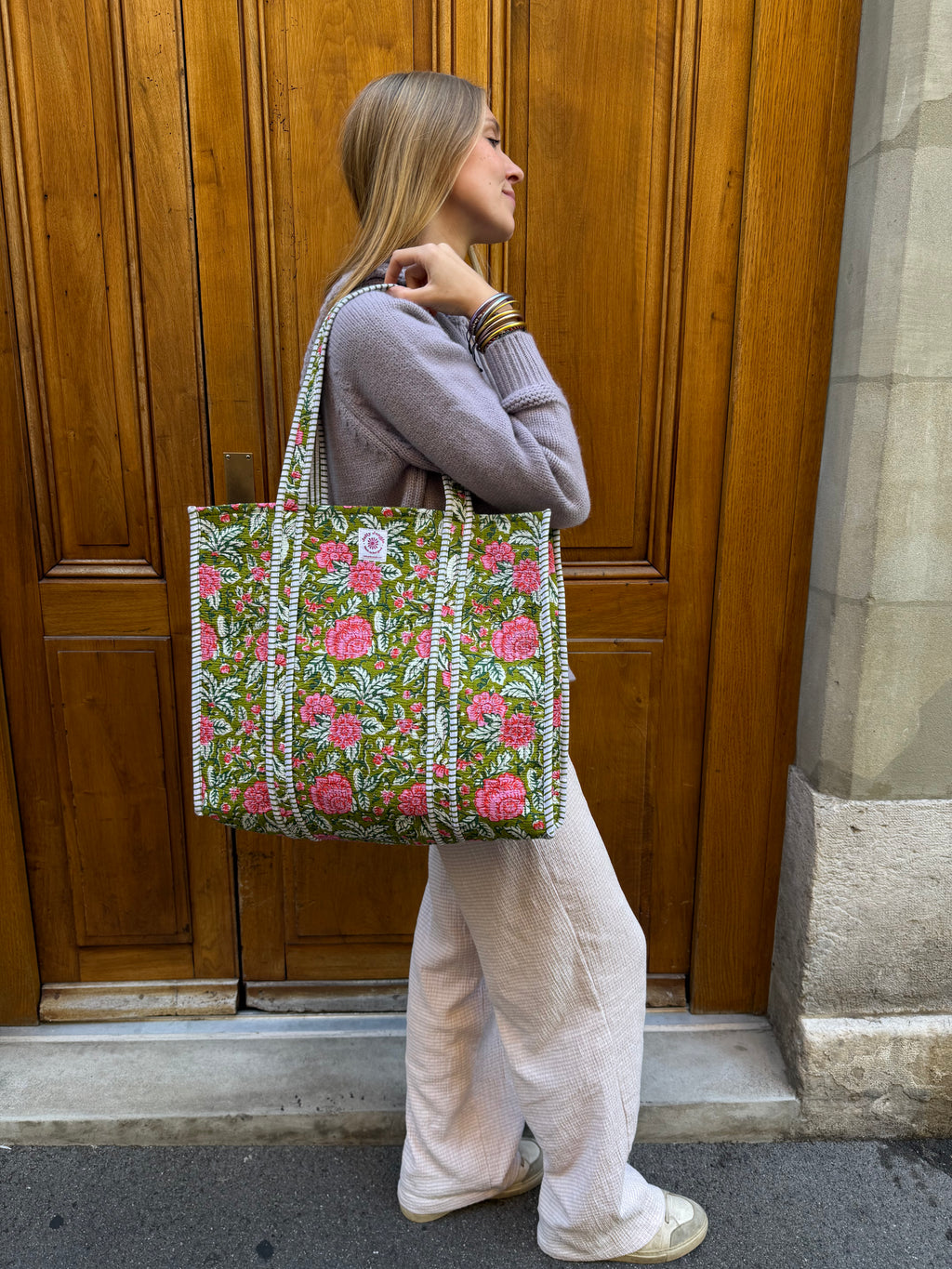 Sac Tote Vert Fleurs Roses