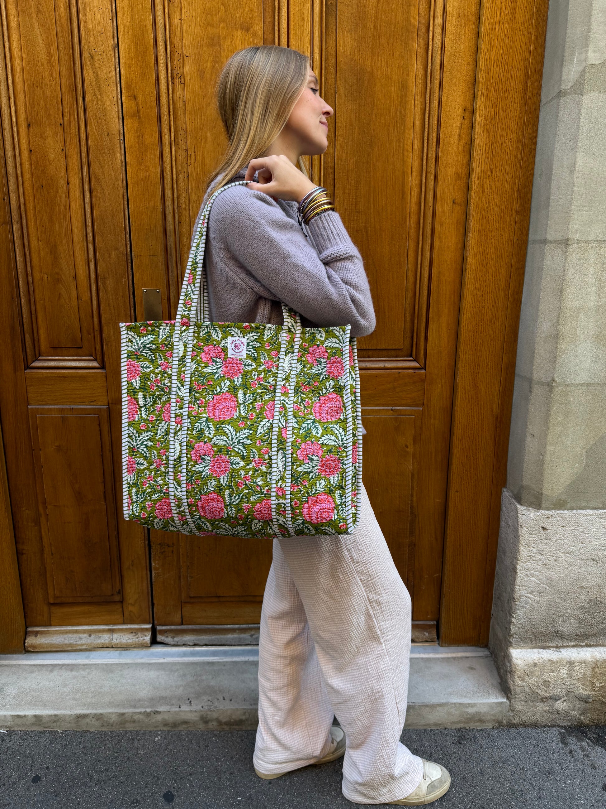 Sac Tote Vert Fleurs Roses
