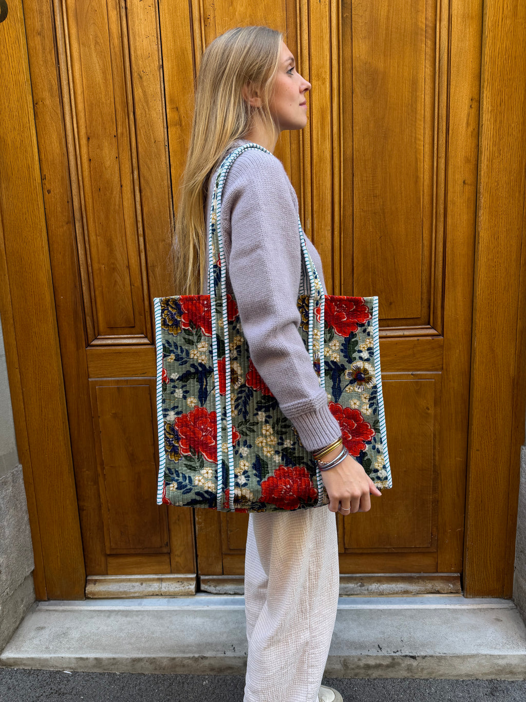 Sac Tote Velours bleu-vert fleurs