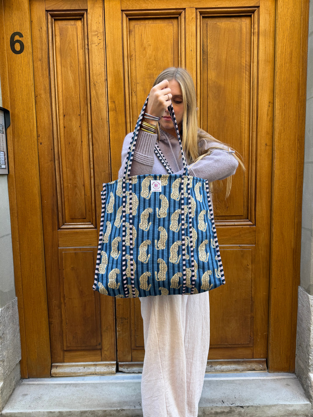 Sac tote rayé bleu léopard