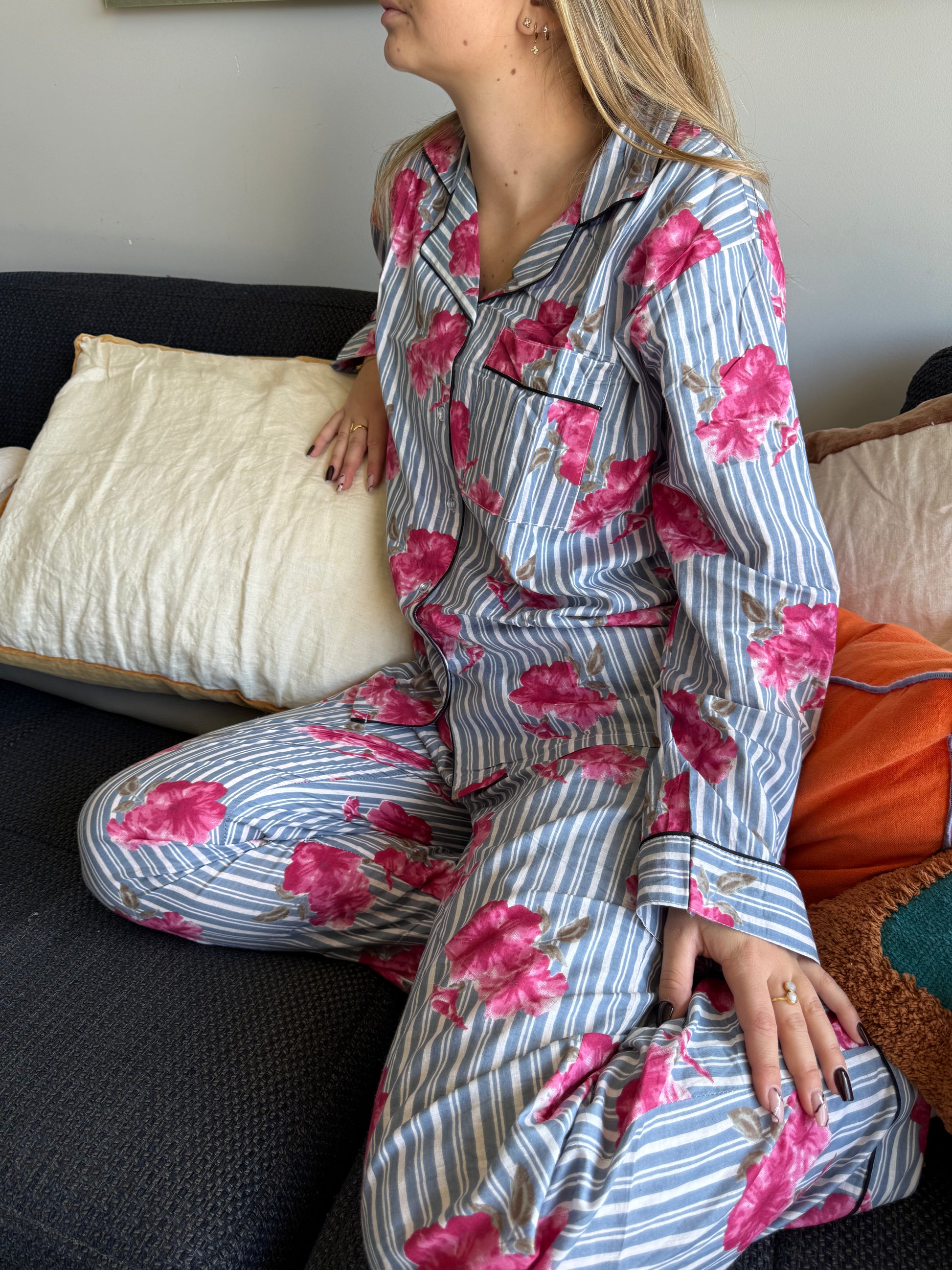 Pyjama Rayé Fleurs Roses