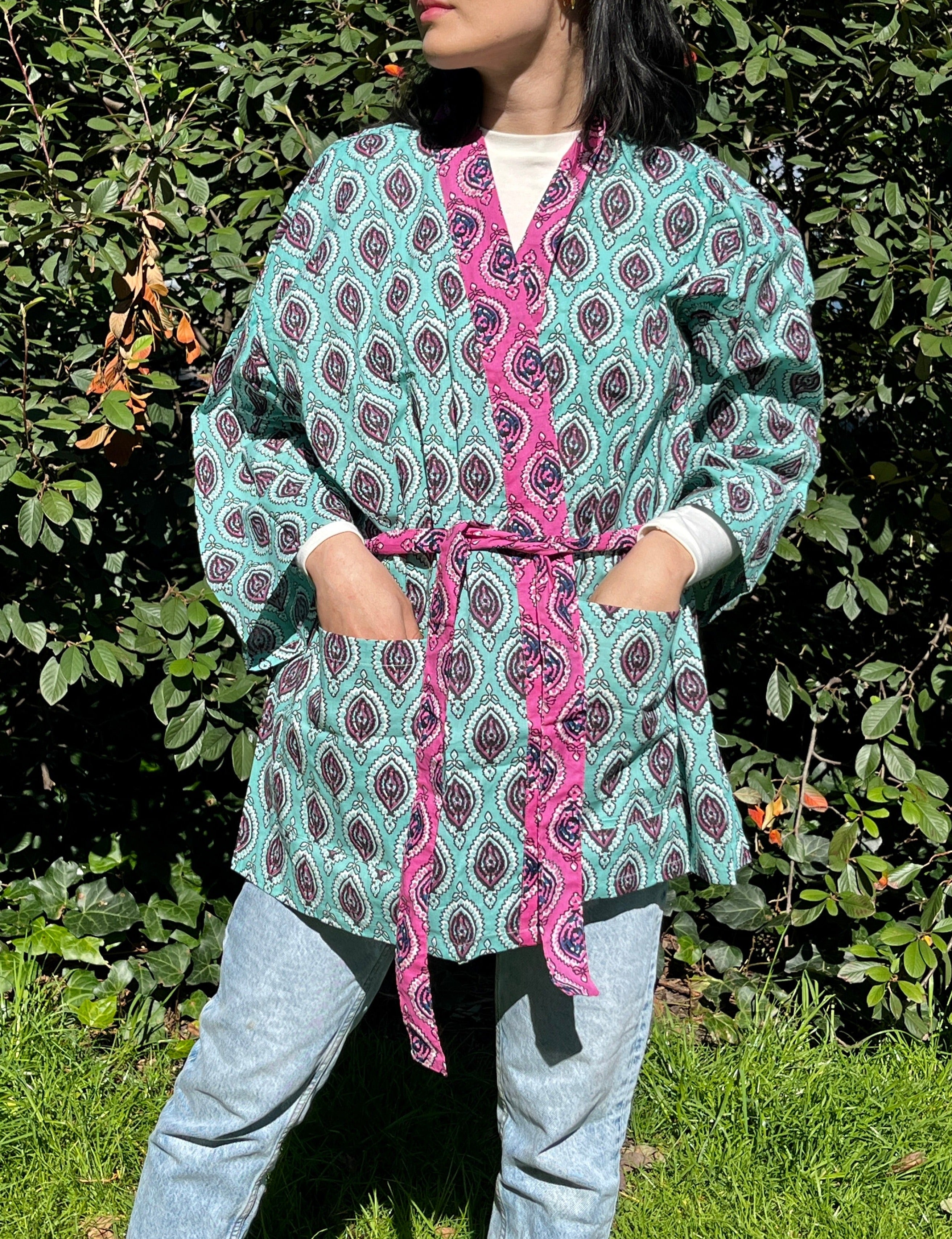 Kimono Court Turquoise et Rose