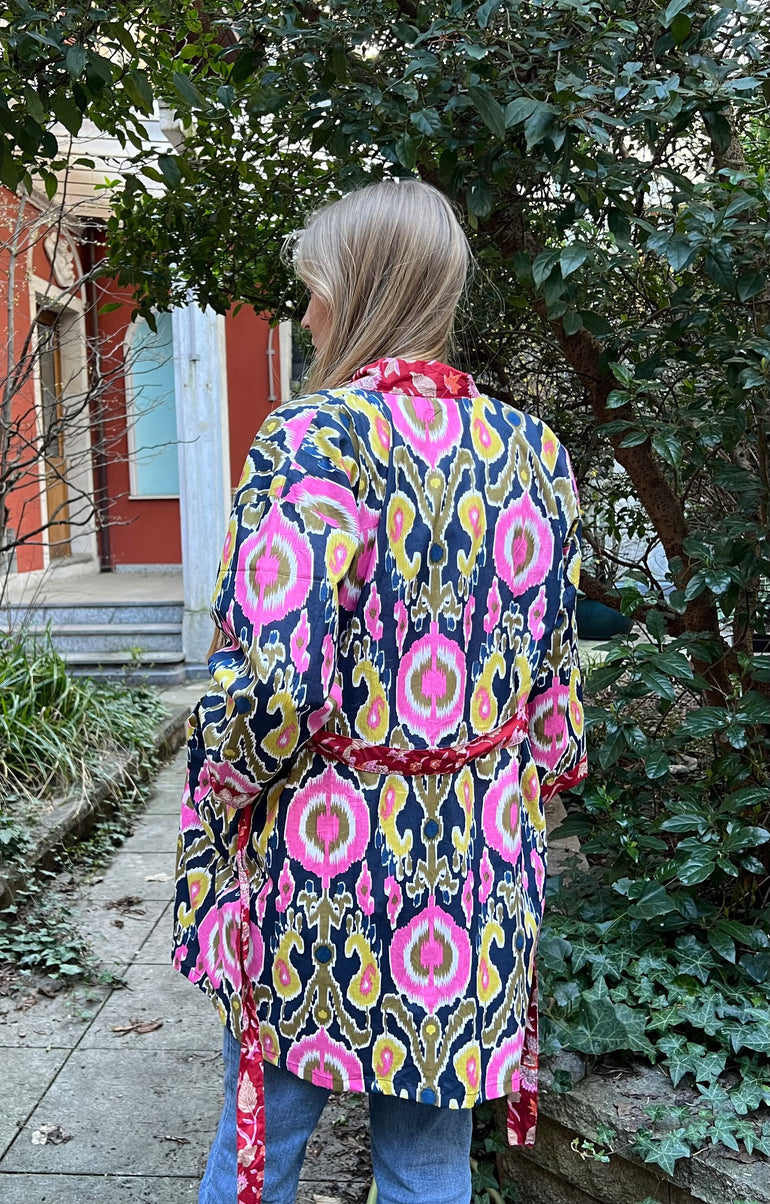 Kimono Mi-Long Ikat Bleu Marine