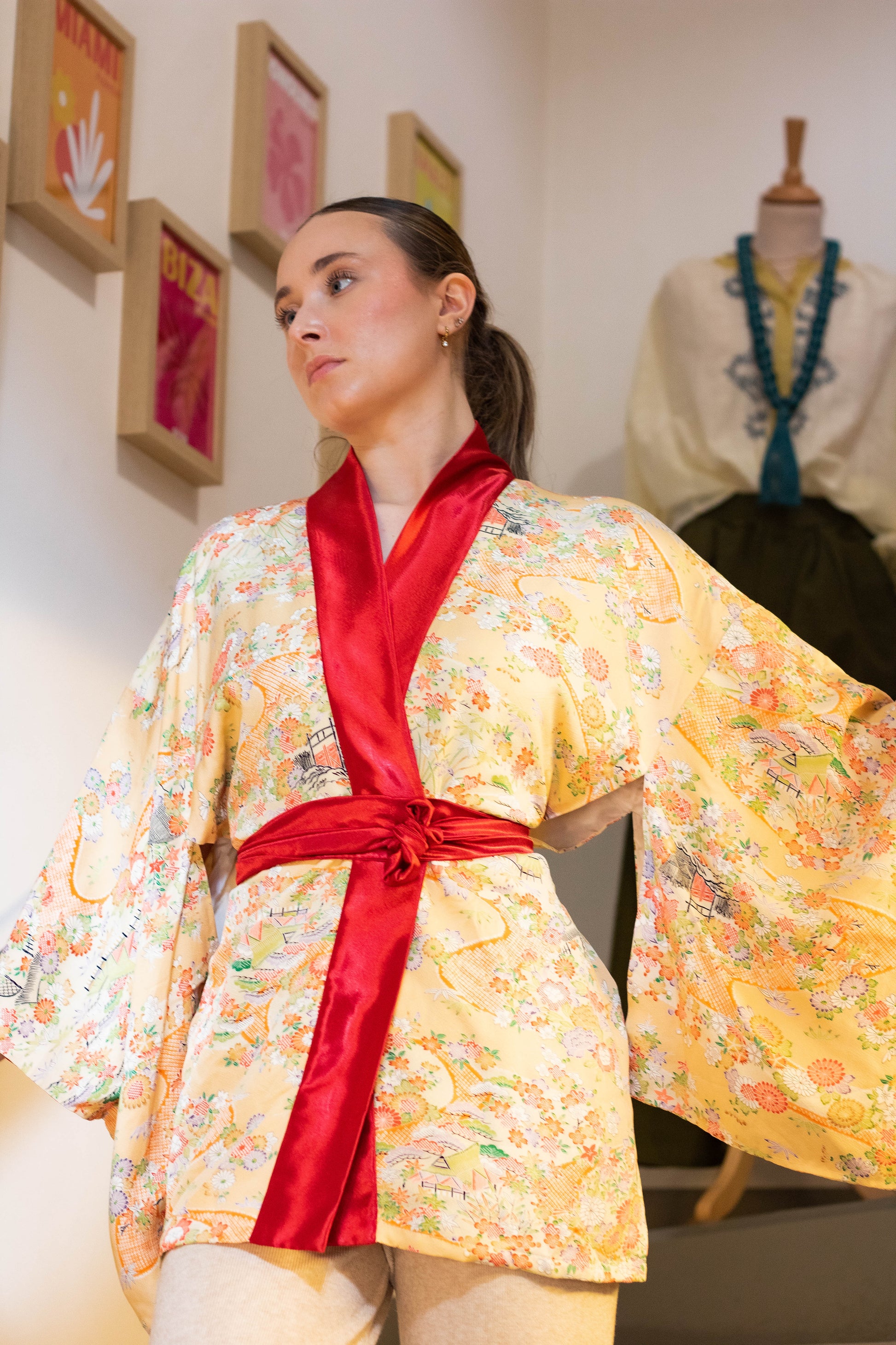 Red and Light Yellow Floral Kimono