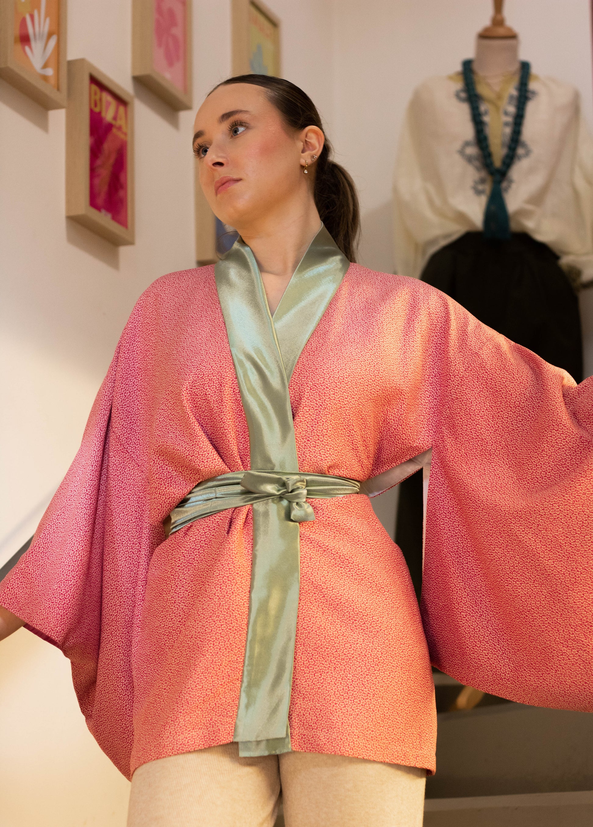 Green and Red Kimono with White Flowers