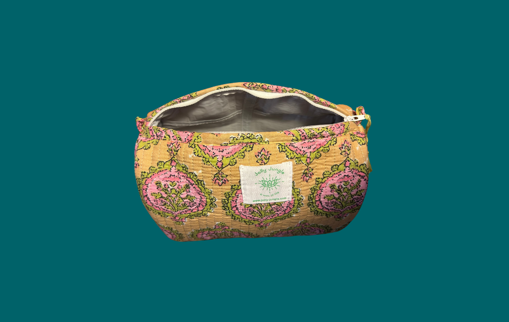 Trousse Beige fleurs Roses et Vertes