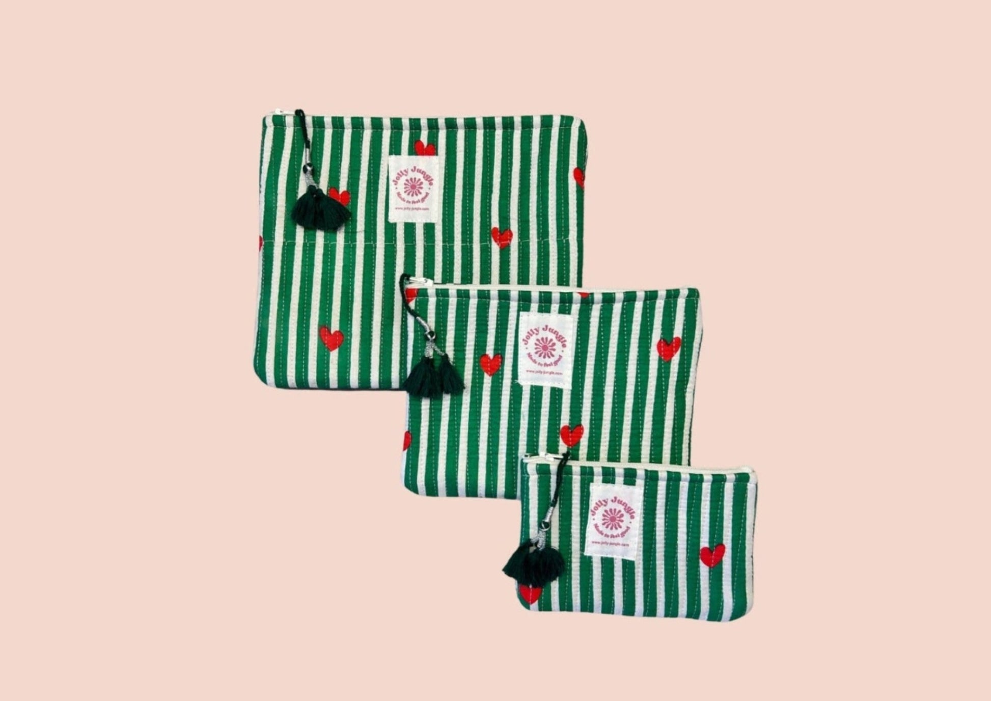 Pochette rayures vertes cœurs rouge