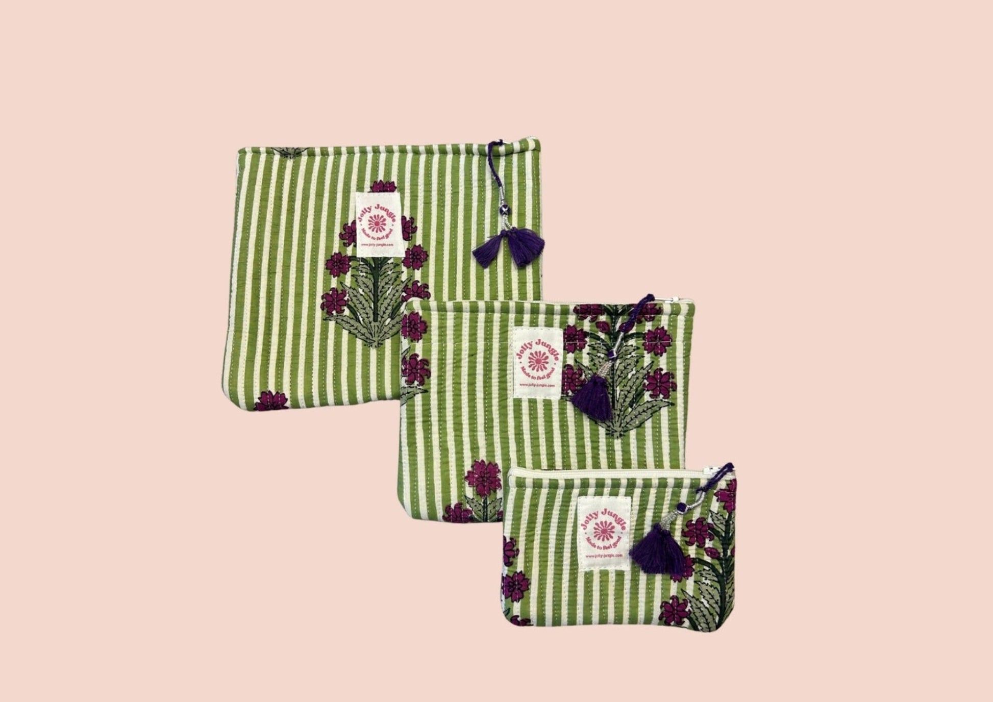 Pochette rayures vertes fleurs violettes