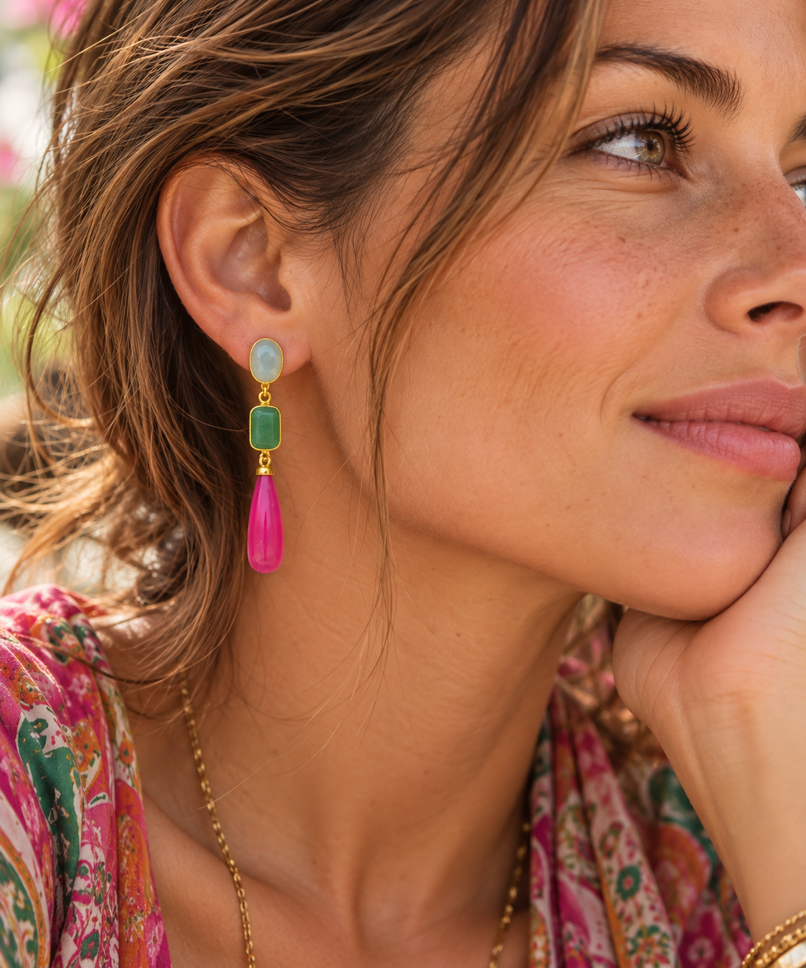 Boucles d'oreilles Arjoi en argent 925 plaqué or - onyx rose et jade