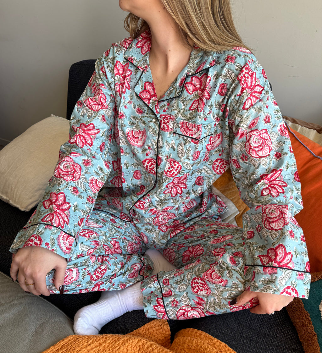 Pyjama Bleu Fleurs Roses