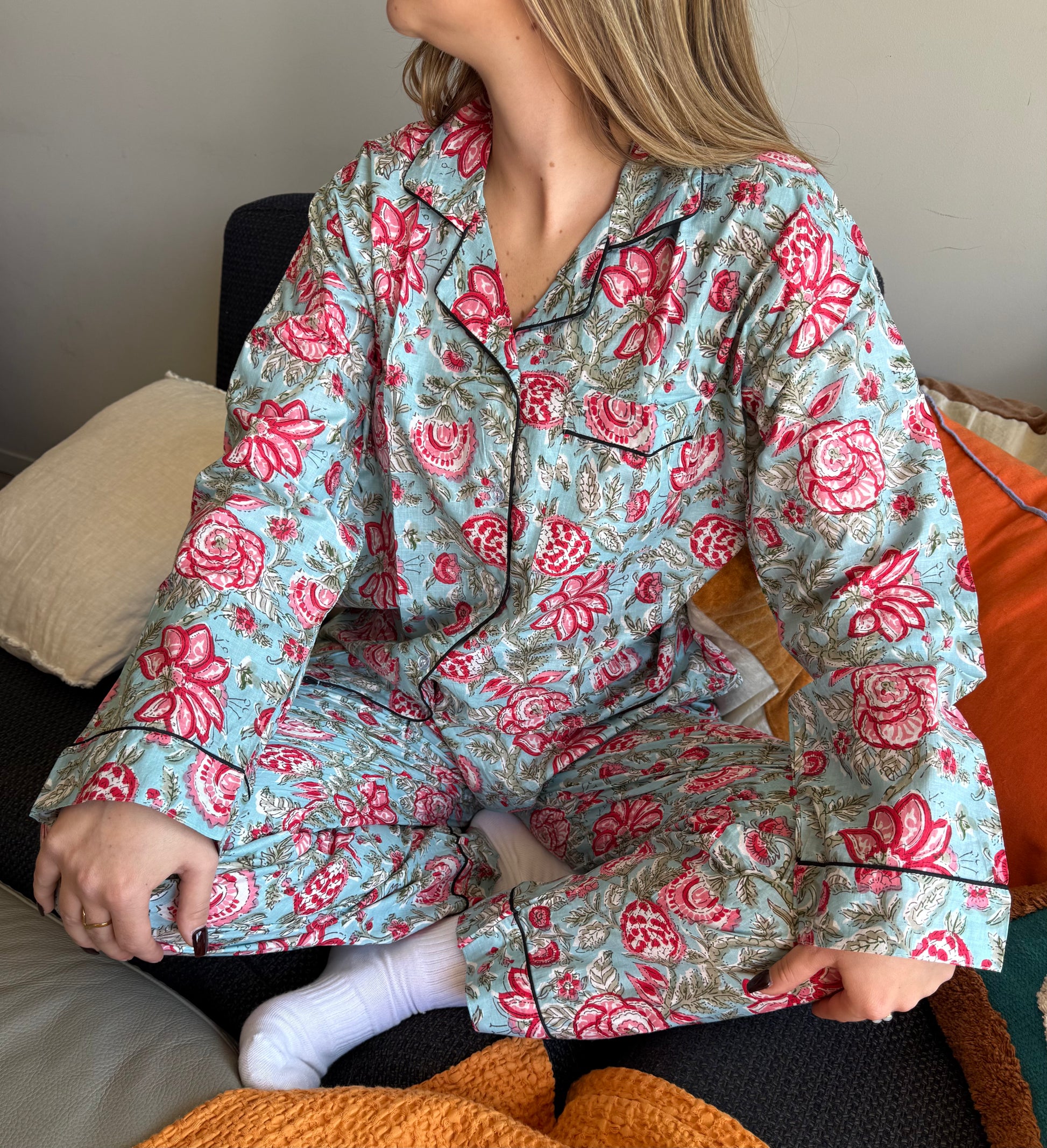 Pyjama Bleu Fleurs Roses