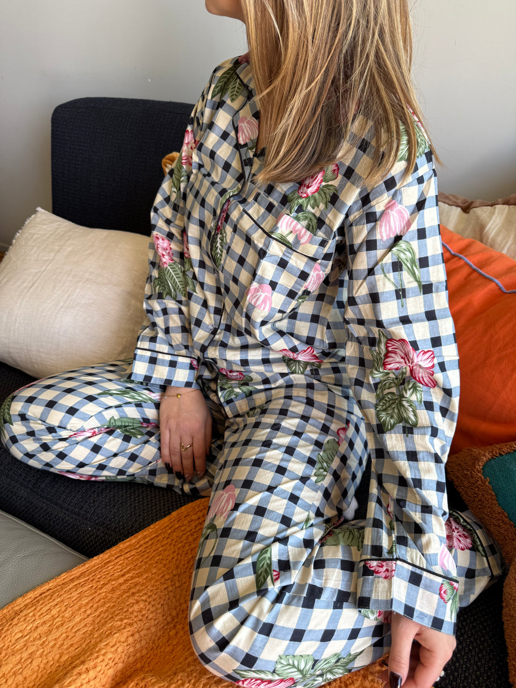 Pyjama à Carreaux Fleurs Roses