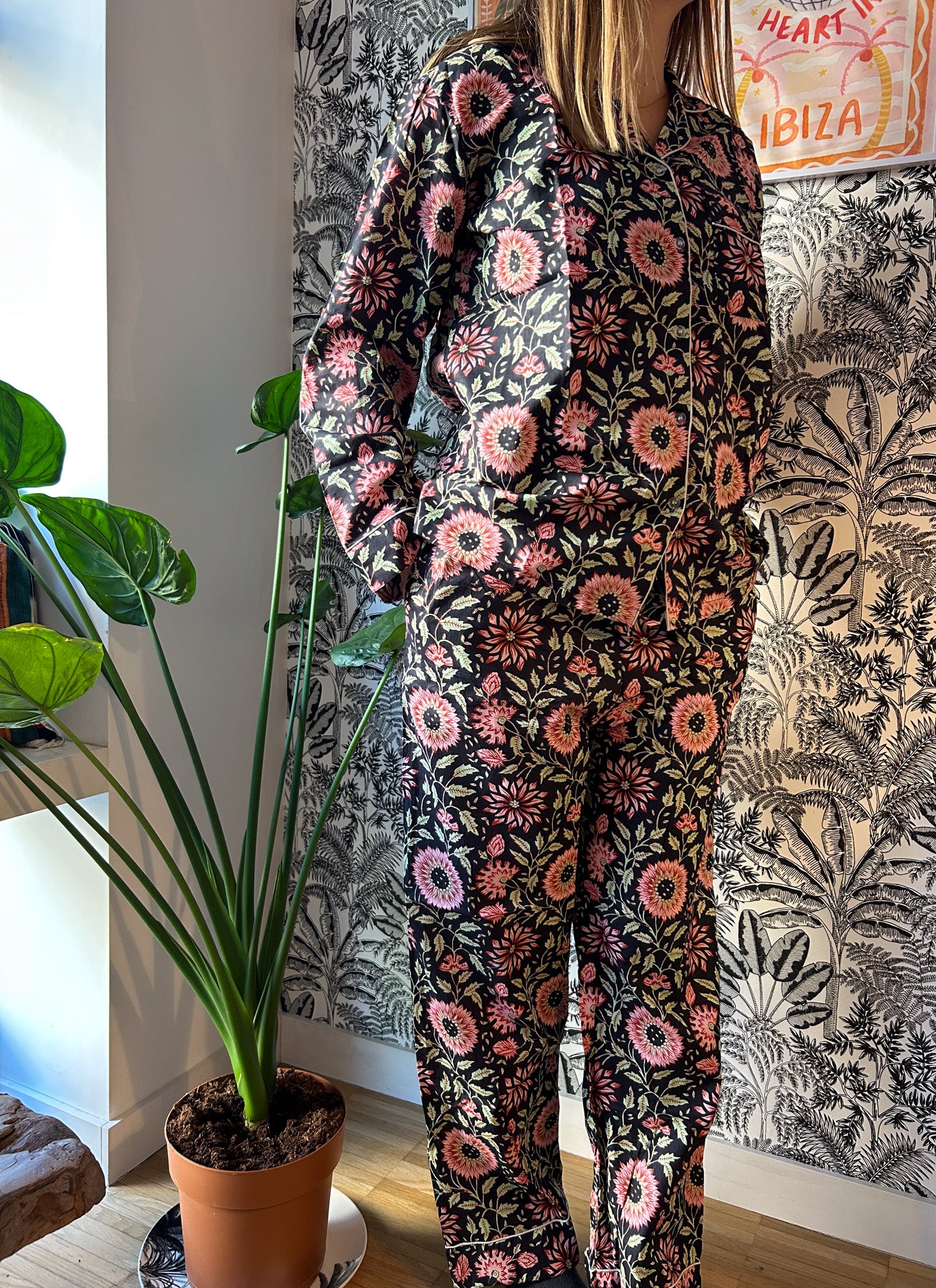 Pyjama blockprint noir fleurs noires jolly jungle