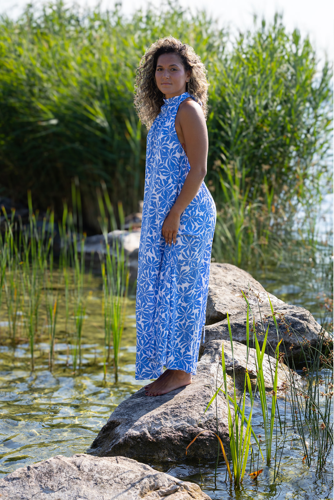 Robe Longue Floral Bleu Dos-Nu