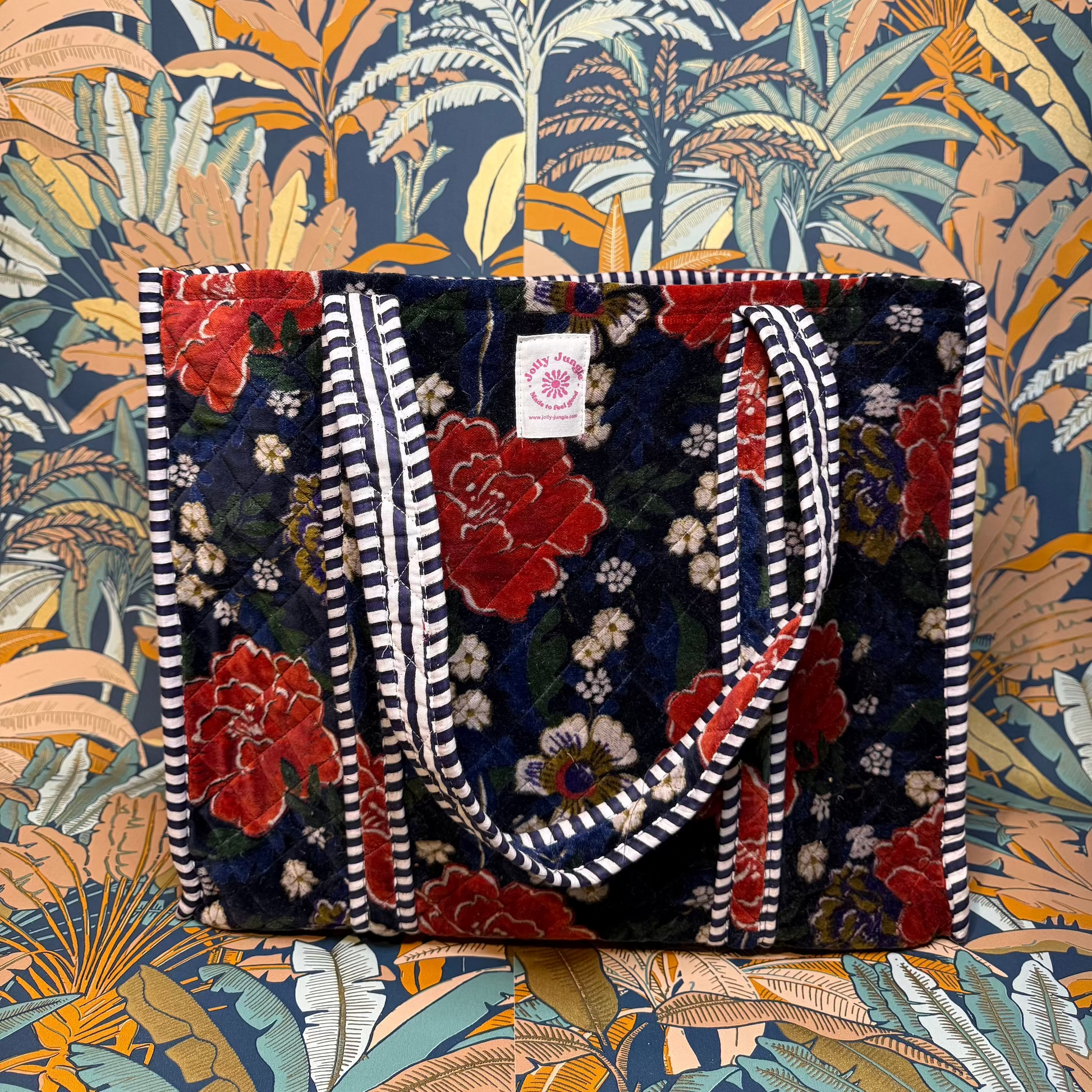 Sac Tote Velours Fleurs bleu