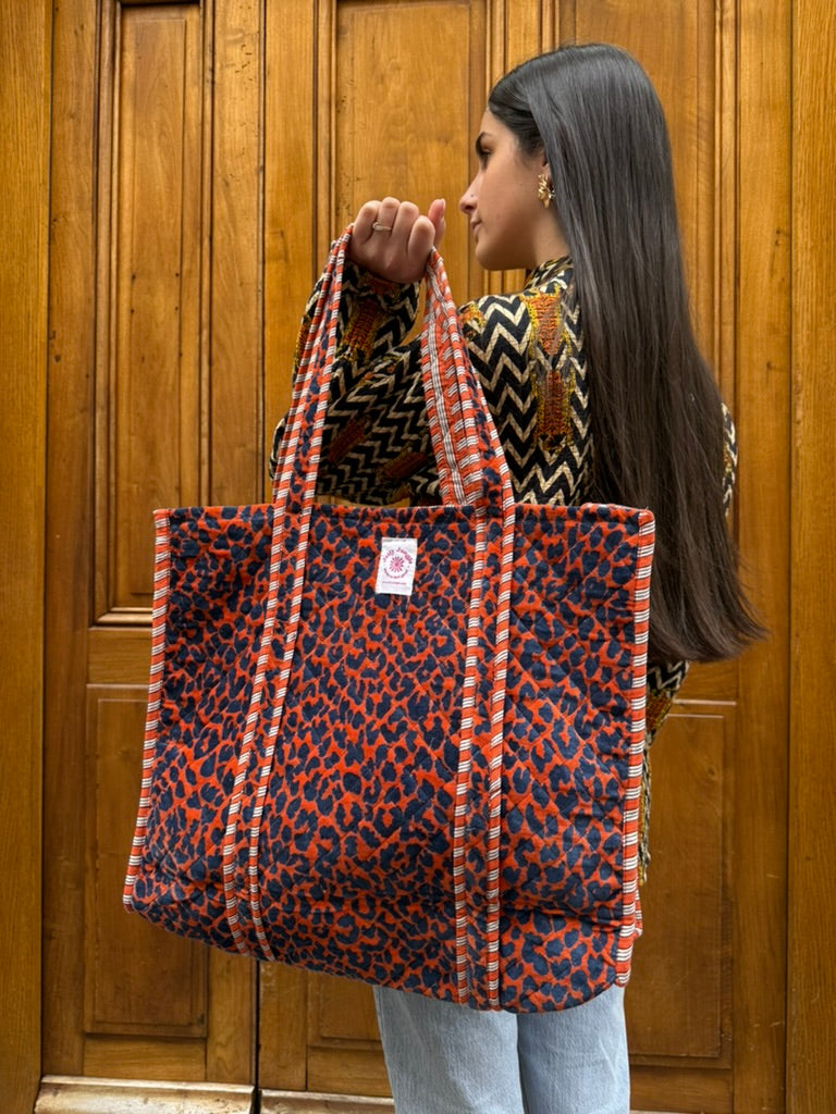 Sac Tote Velours Orange léopard bleu
