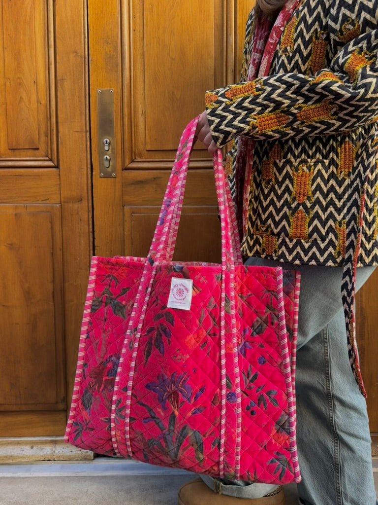 Sac Tote Velours Rose fleurs