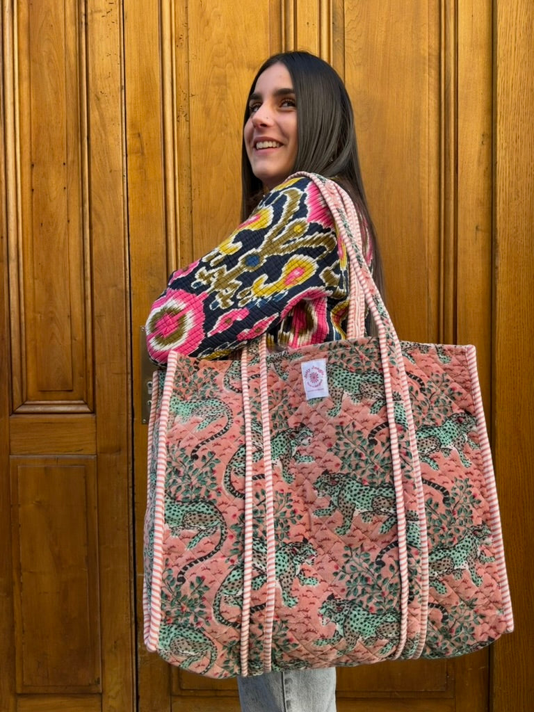 Sac Tote Velours Rose tigres