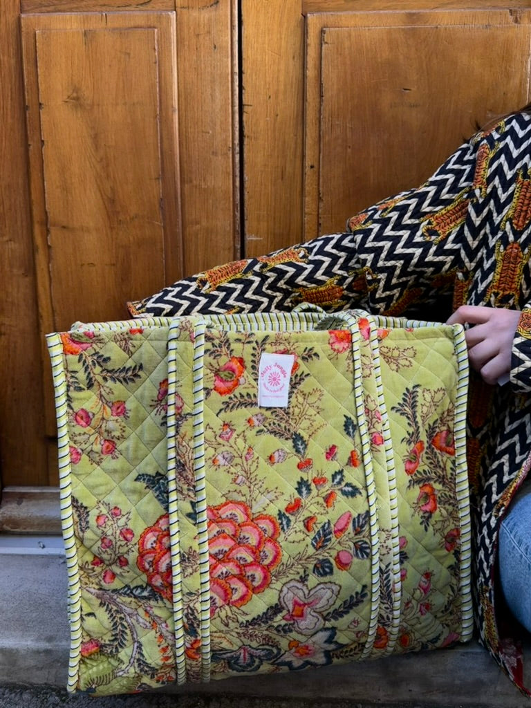 Sac Tote Velours vert fleurs