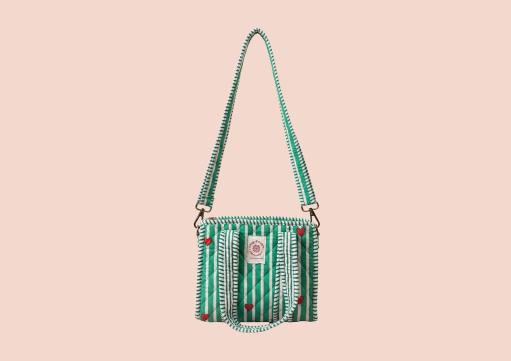 Sac tote mini rayures vertes cœurs rouge