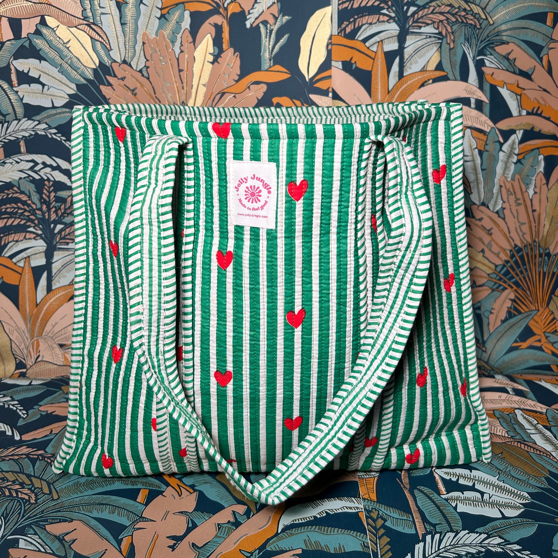 Sac tote rayures vertes cœurs rouge