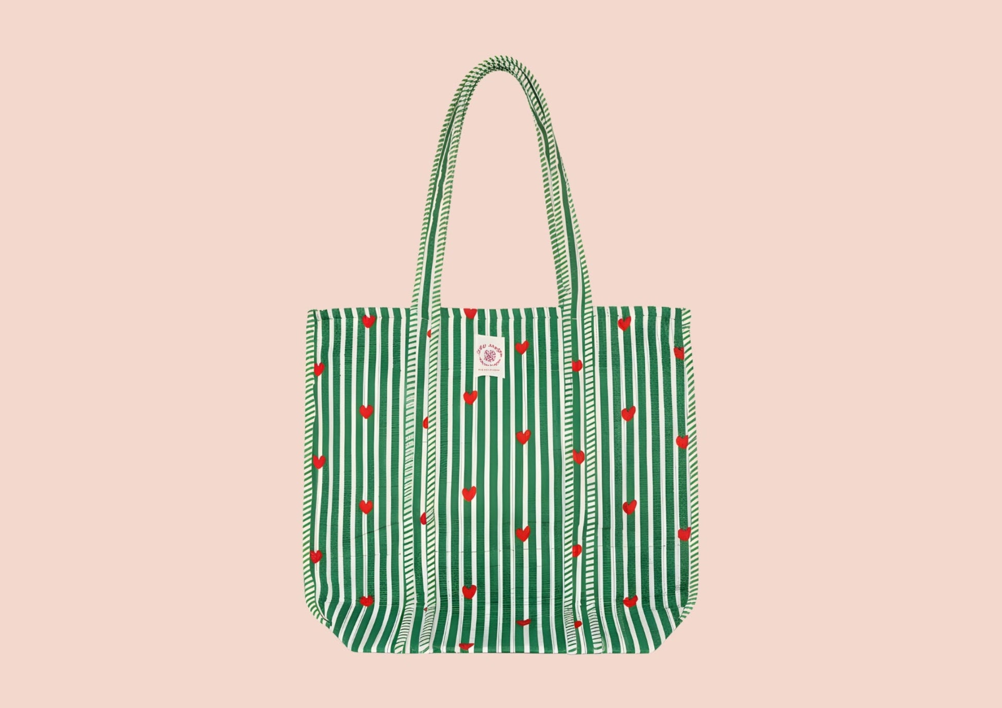 Sac tote rayures vertes cœurs rouge
