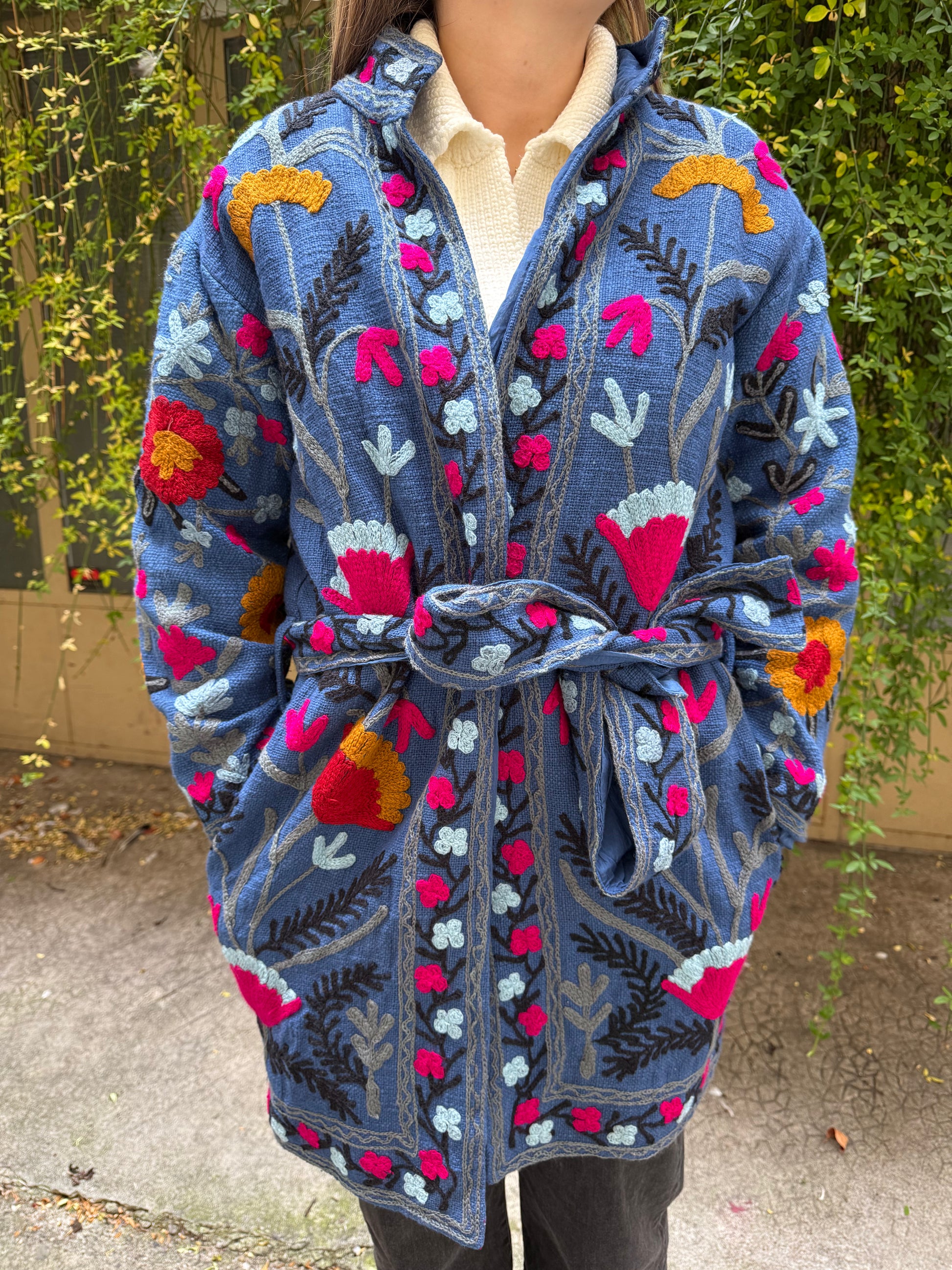 Veste Brodée Longue bleu foncé