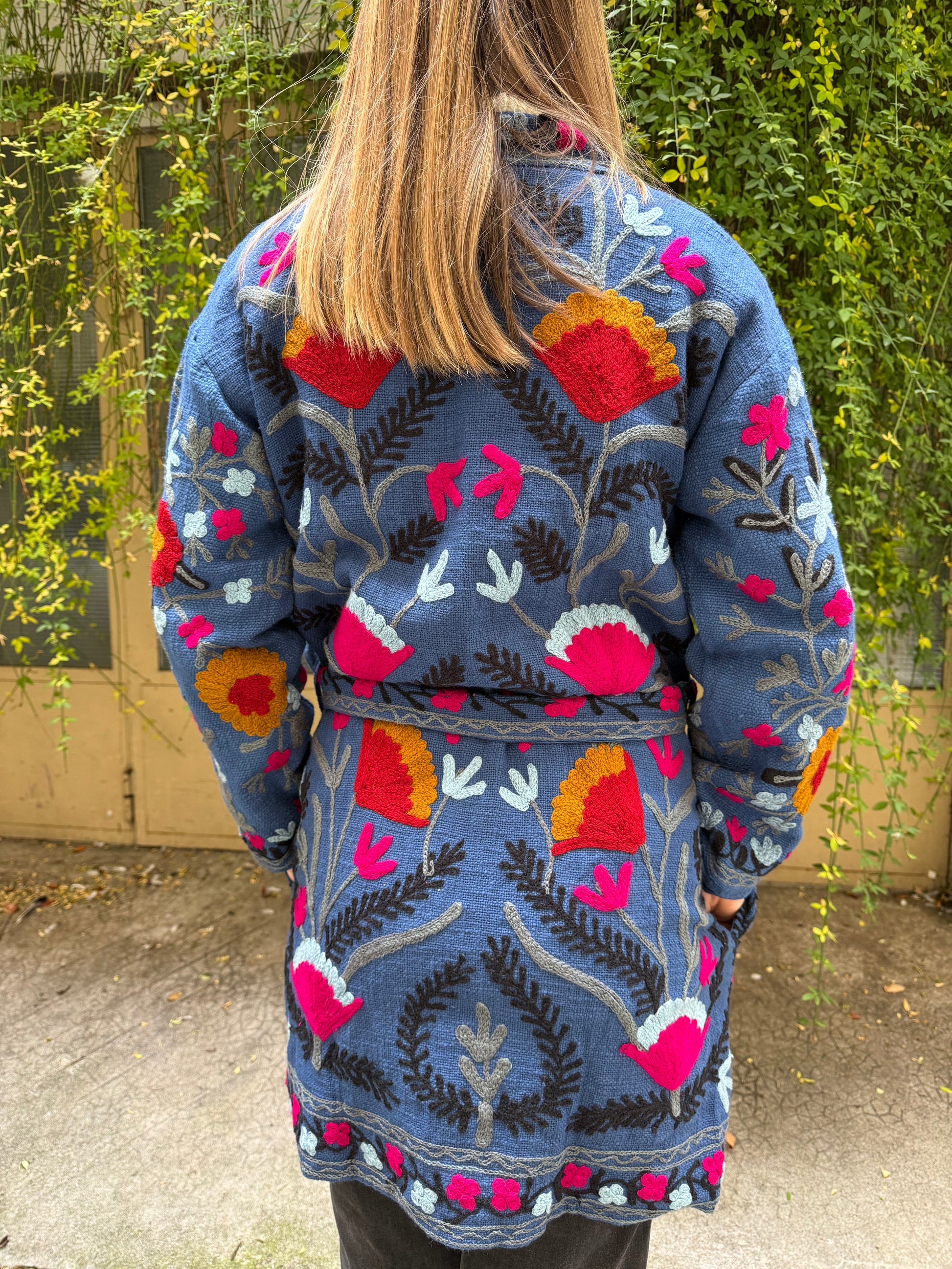 Veste Brodée Longue bleu foncé