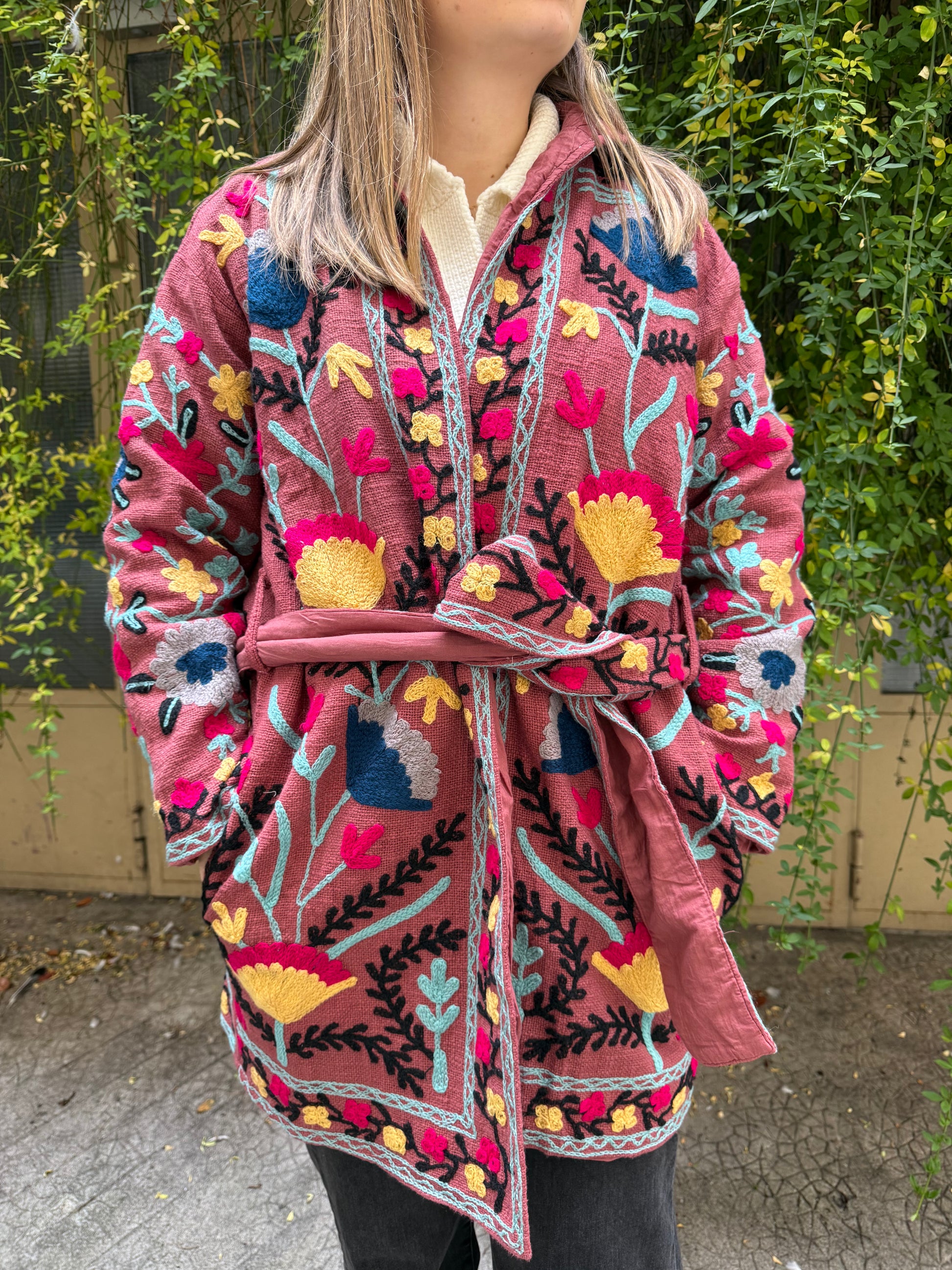 Veste Brodée Longue vieux rose
