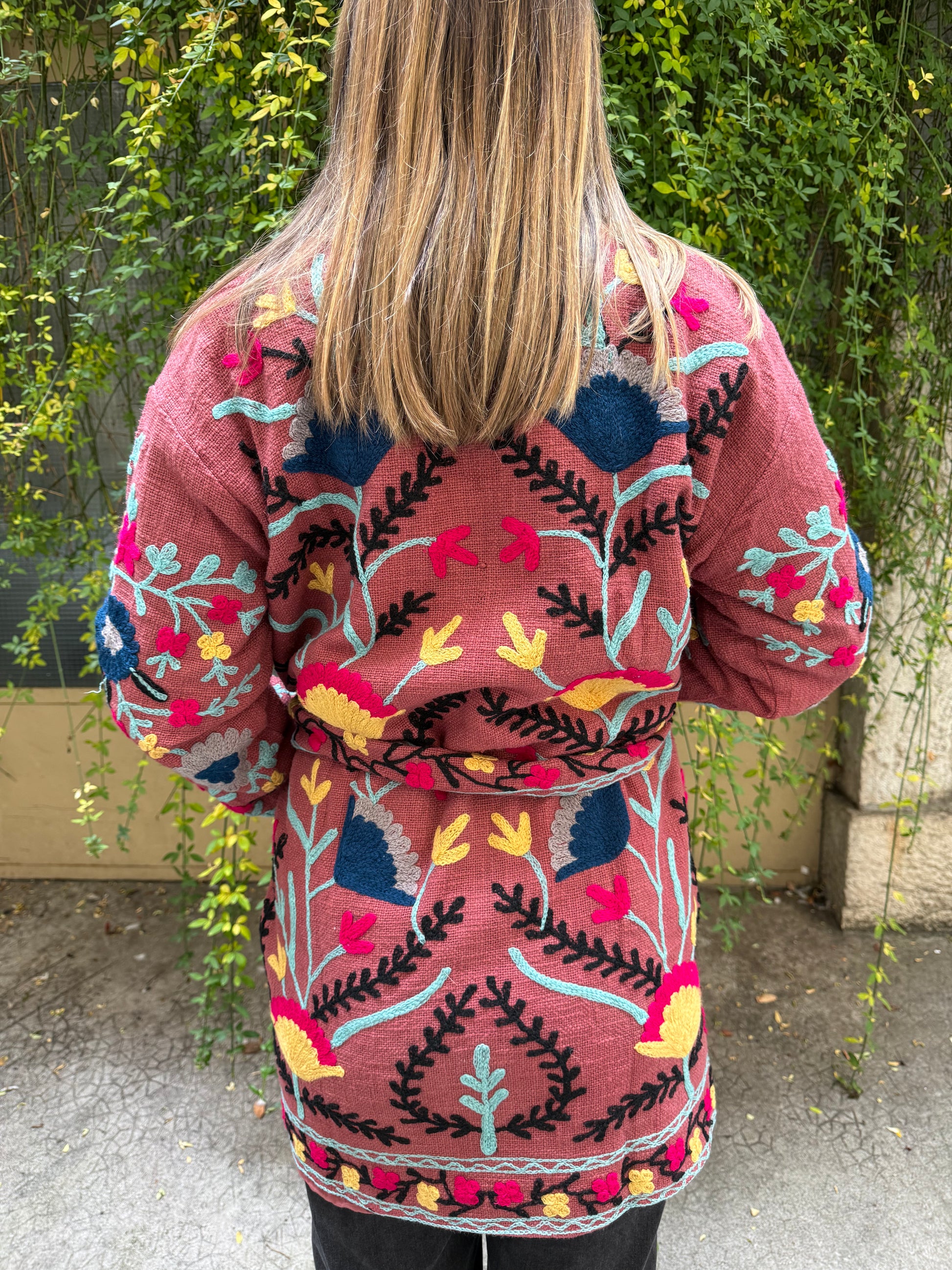 Veste Brodée Longue vieux rose