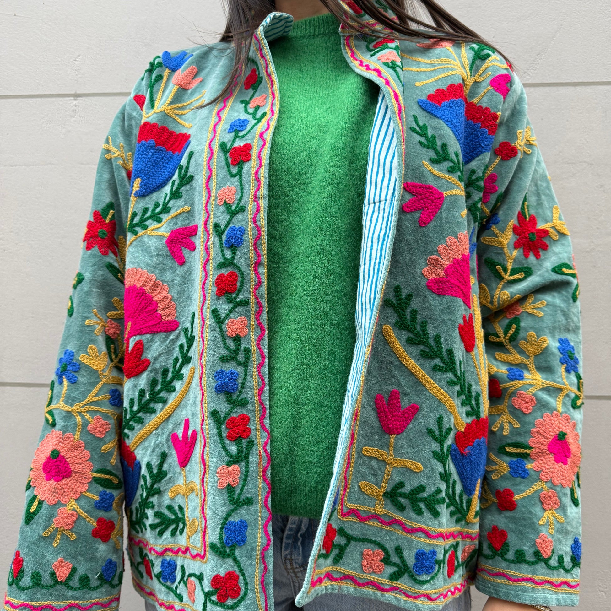 Veste Brodée Velours Bleu Canard