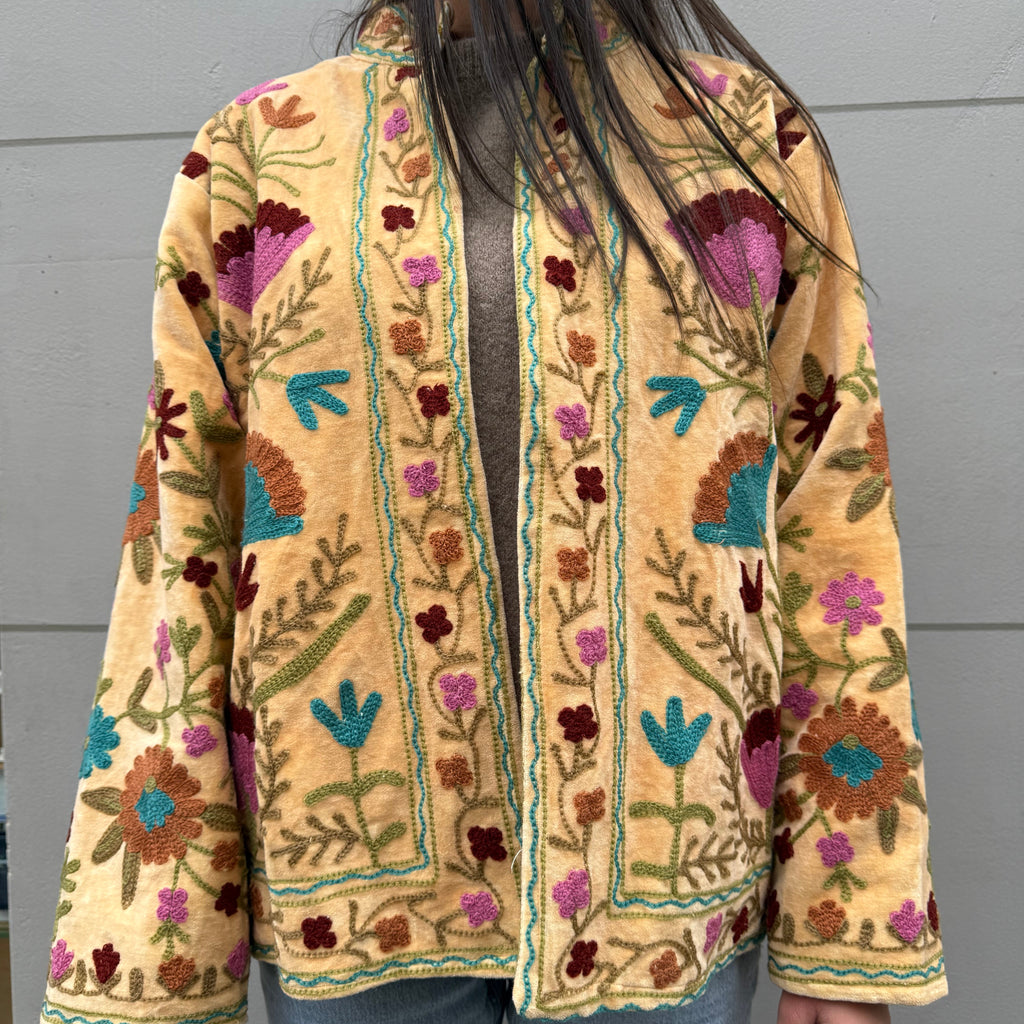 Veste Brodée Velours Jaune pâle