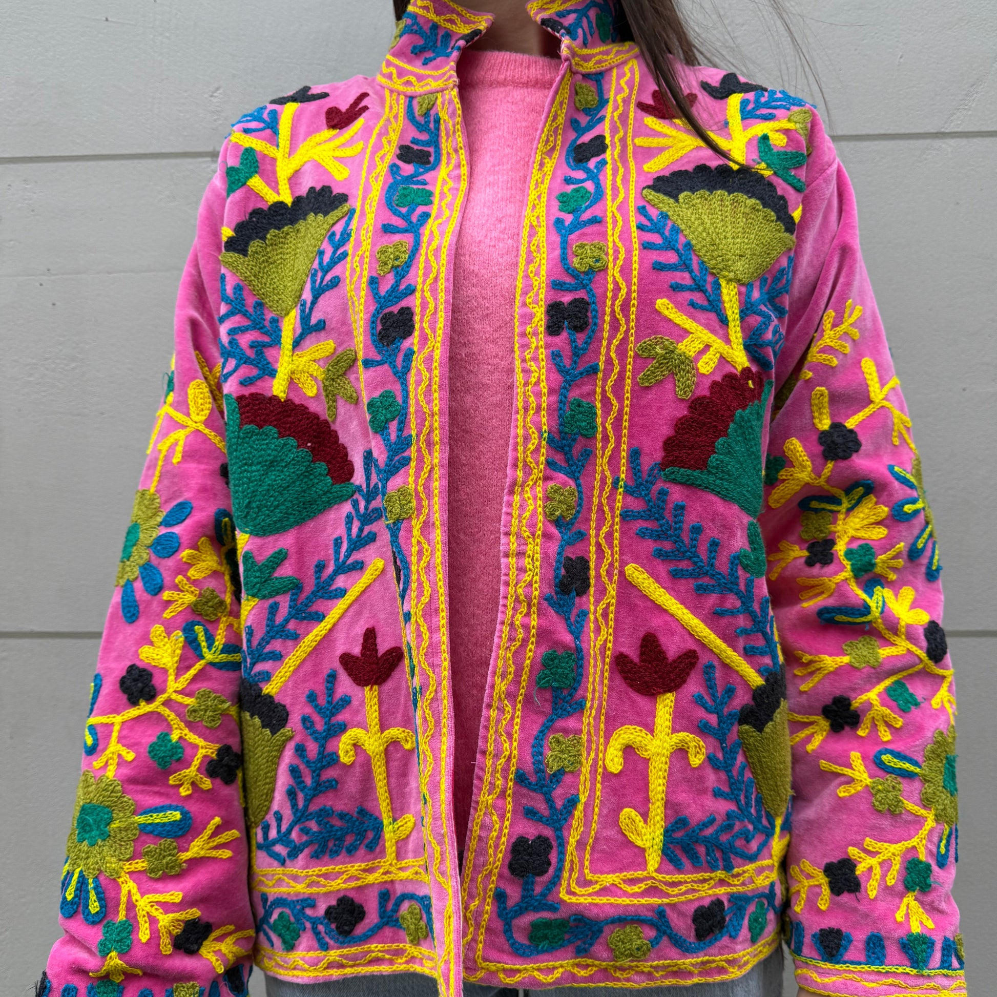 Veste Brodée Velours Rose