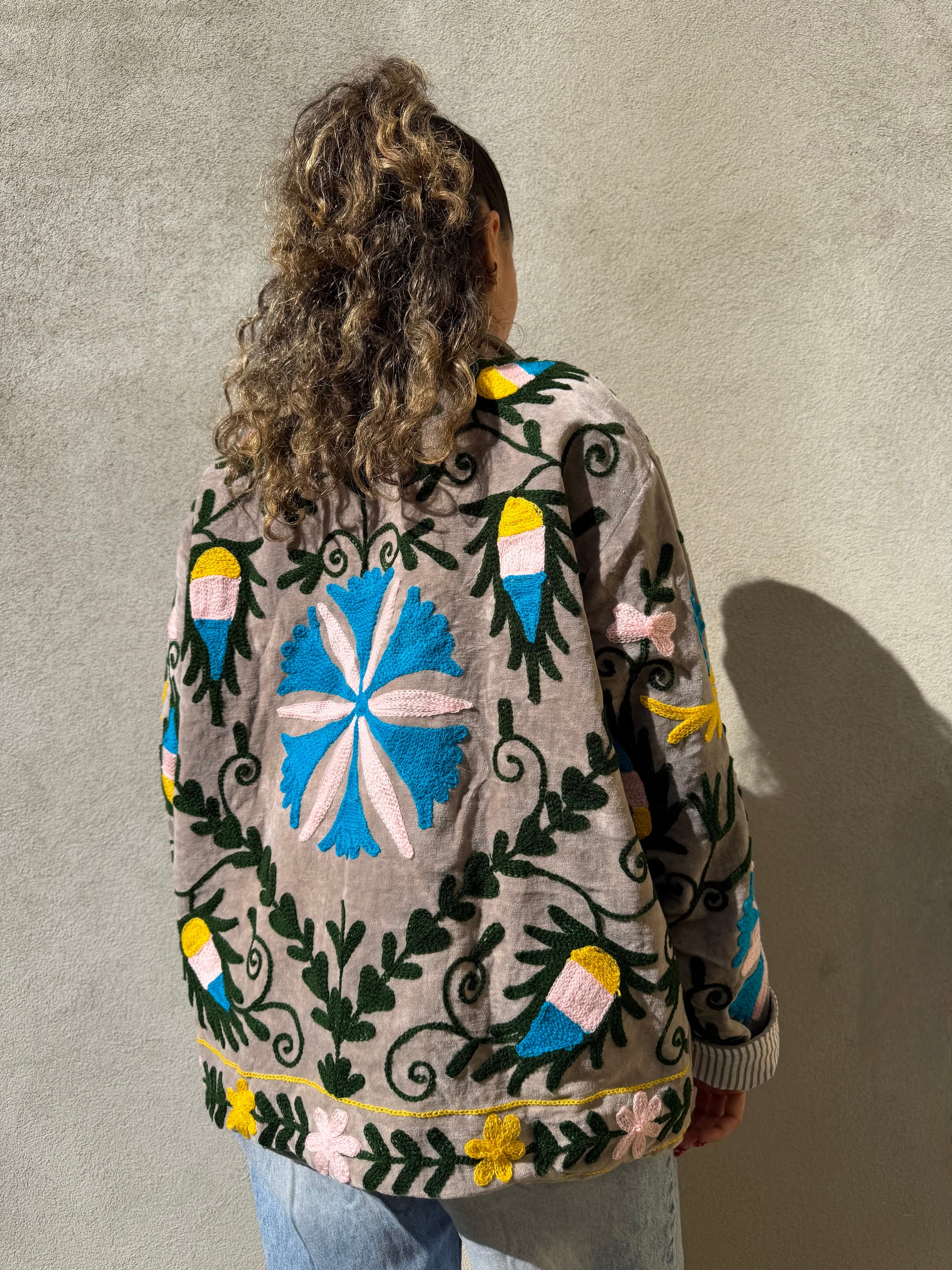 Veste brodée velours fleuri grise