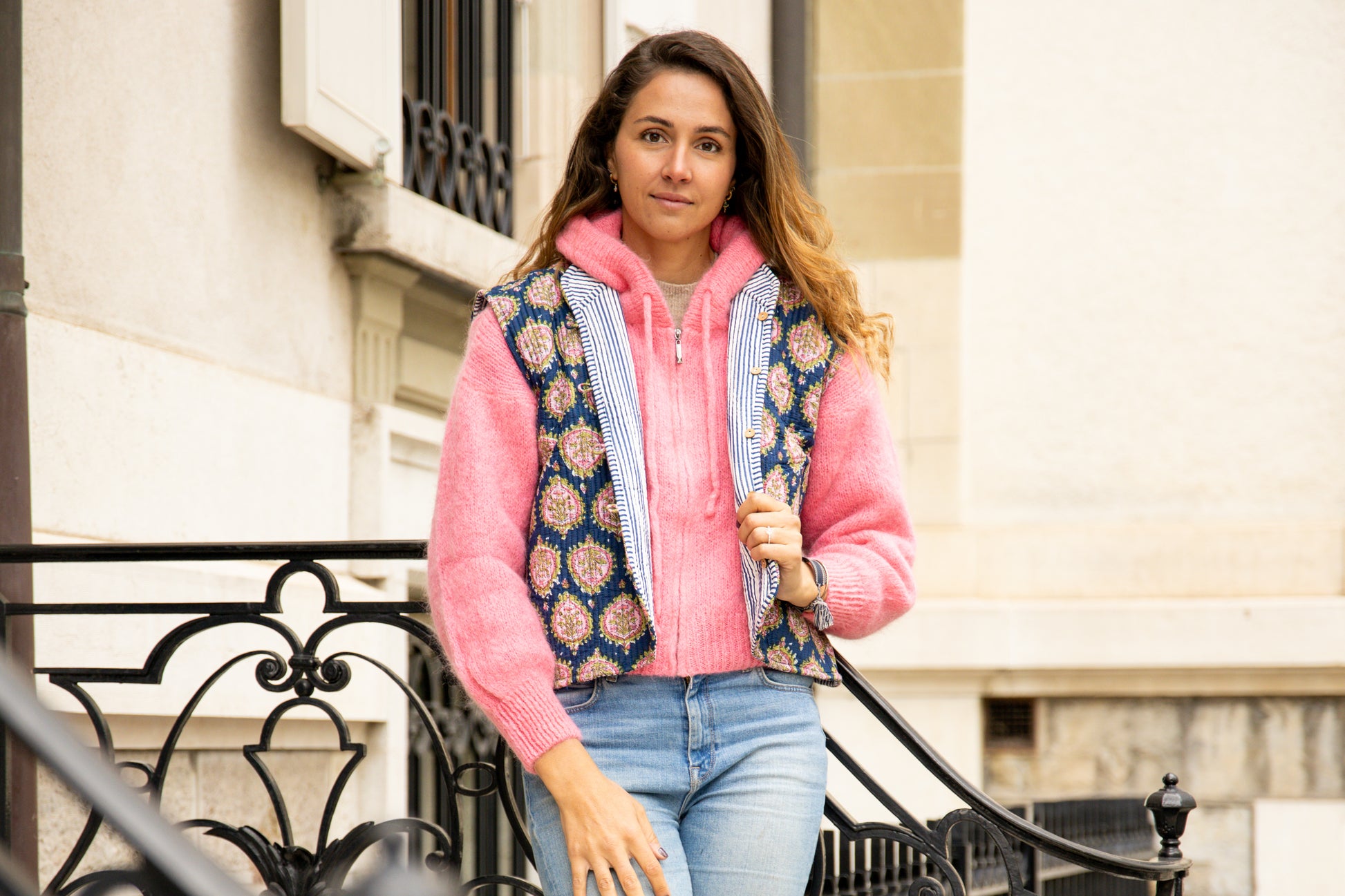Veste sans Manche Bleue et Rose
