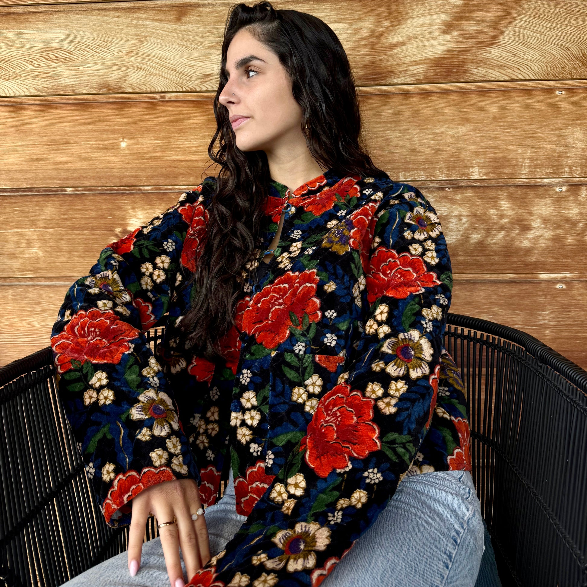 Veste velours fleurs bleu (Réversible)