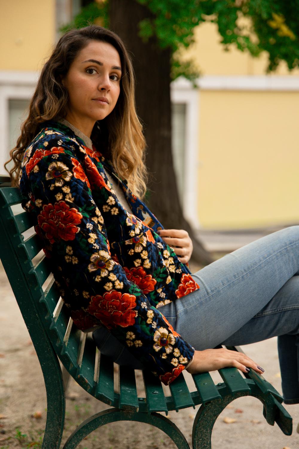 Veste velours fleurs bleu (Réversible)
