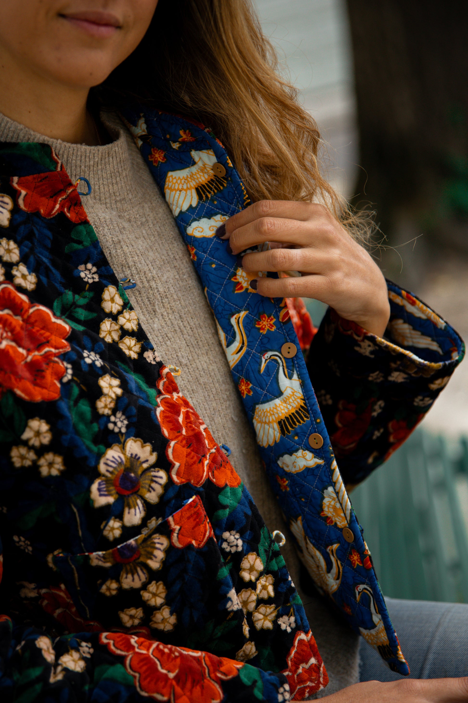 Veste velours fleurs bleu (Réversible)