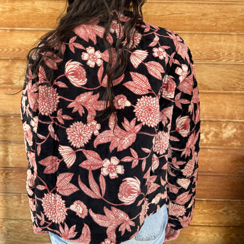 Veste velours noire et rose fleurs (Réversible)