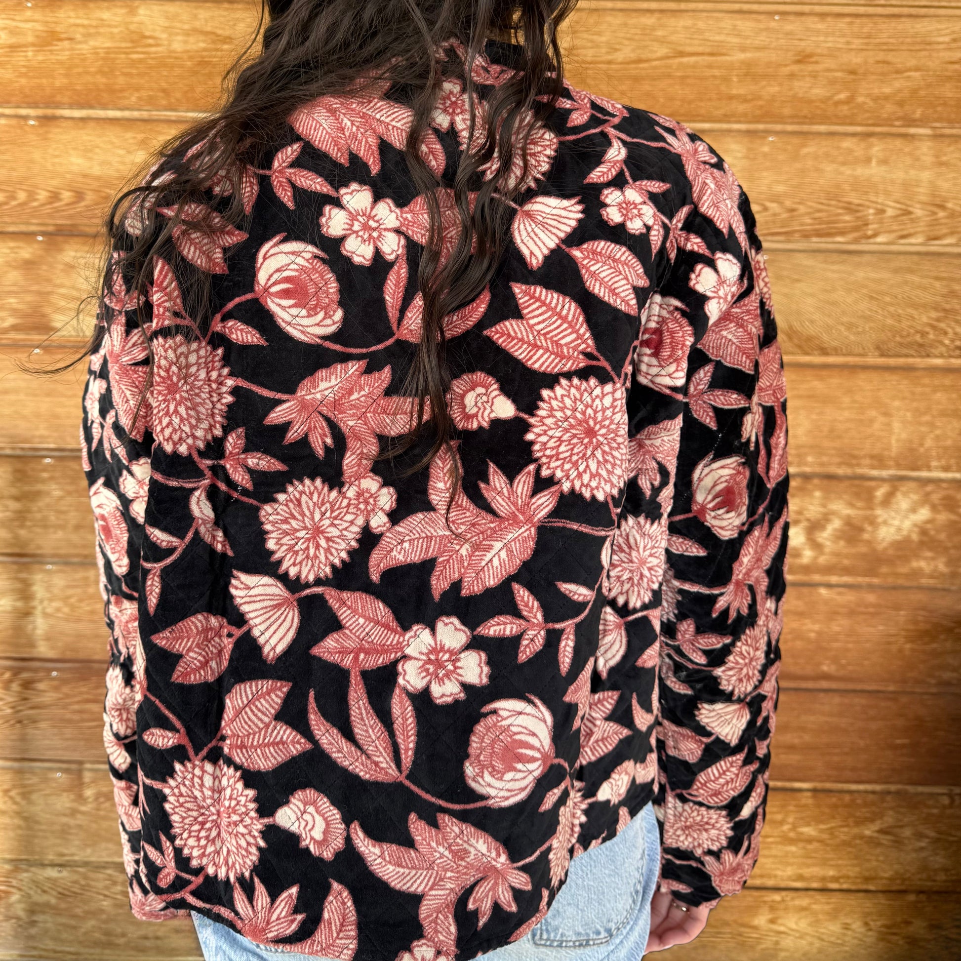 Veste velours noire et rose fleurs (Réversible)