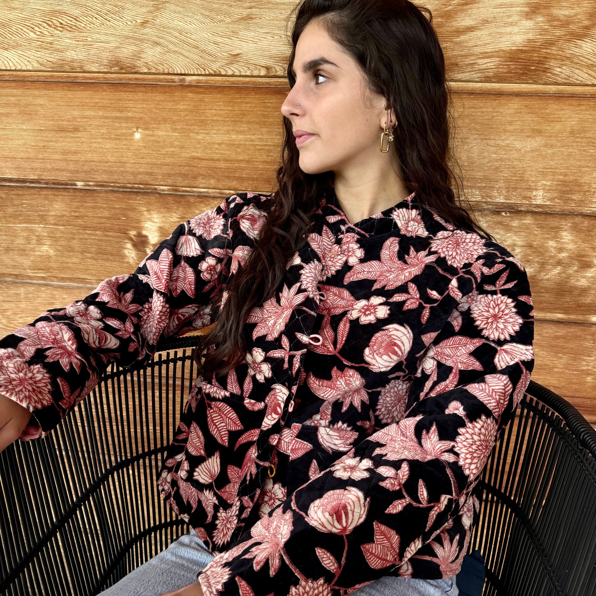 Veste velours noire et rose fleurs (Réversible)