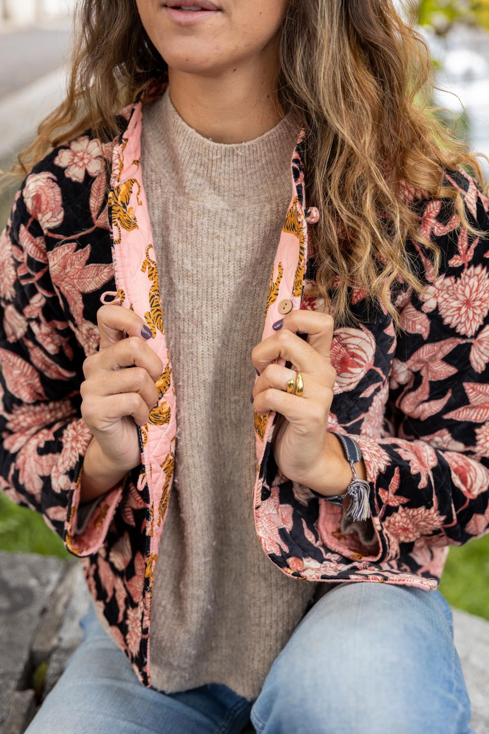 Veste velours noire et rose fleurs (Réversible)