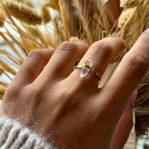 Bague Everest Argent Plaqué Or Réglable Quartz rose