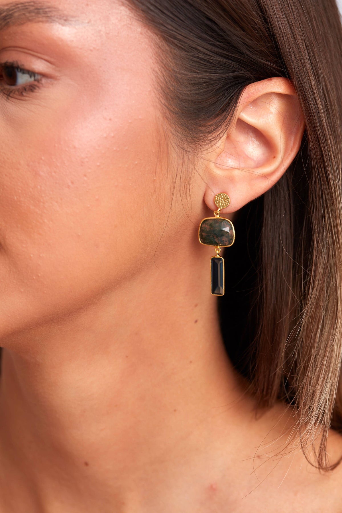 Boucles d'oreilles Jody dorées - Iolite bleue et agate mousse verte