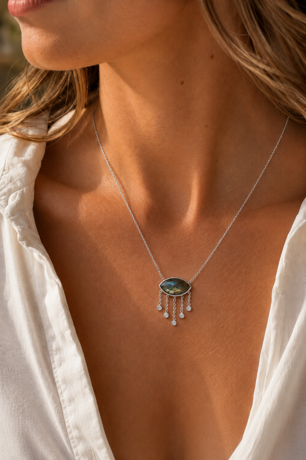 Collier Evil Eyes Labradorite Argent