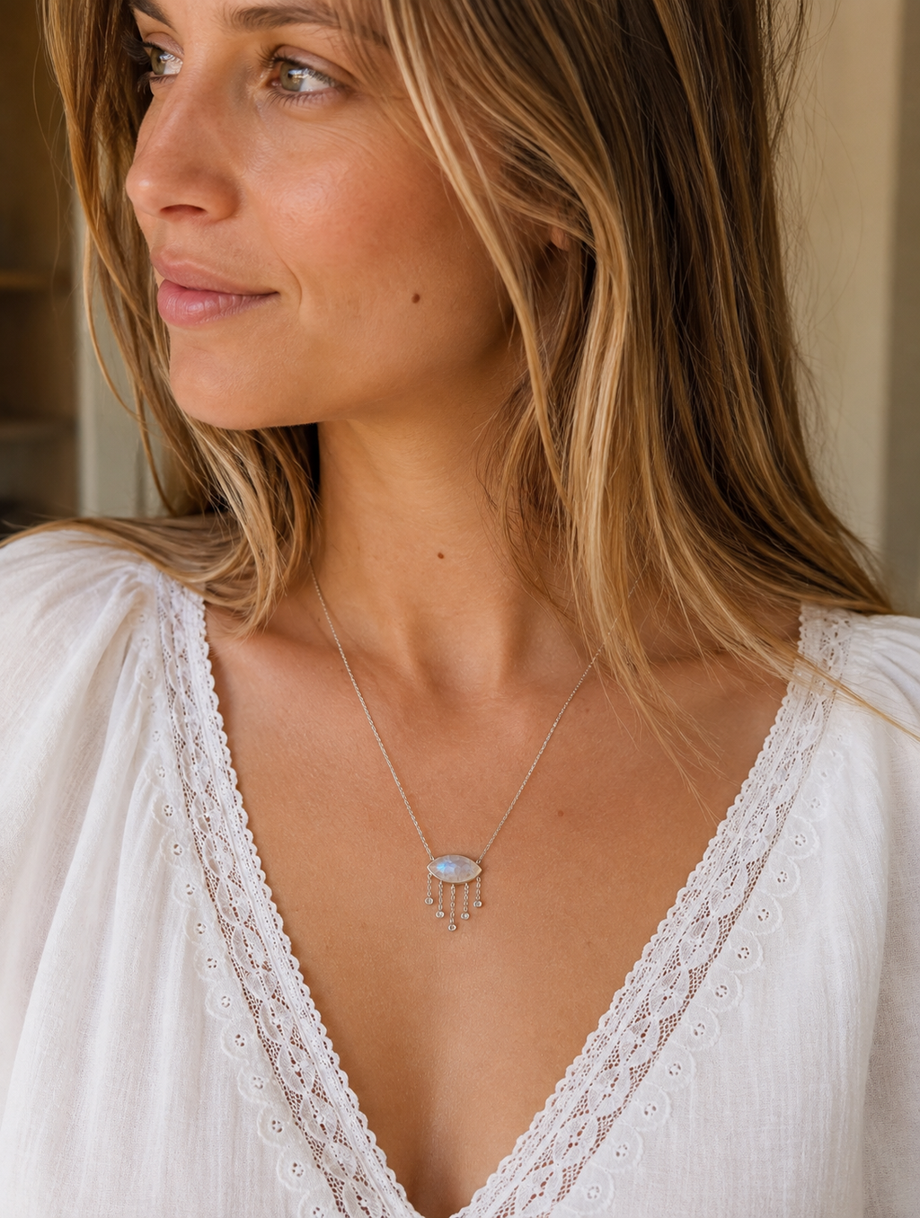 Collier Evil Eyes Pierre de Lune Argent