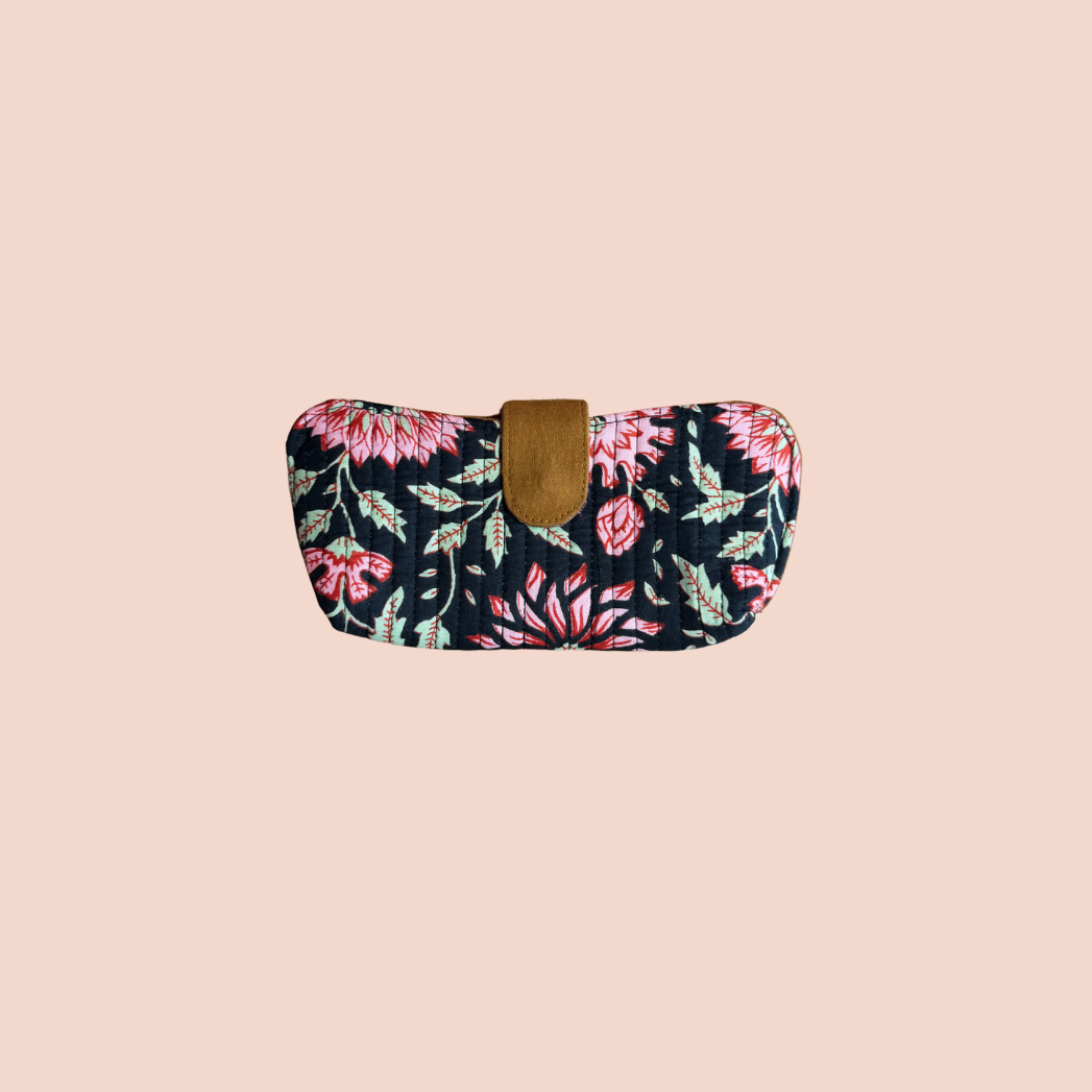 Étui à lunettes fleurs noir