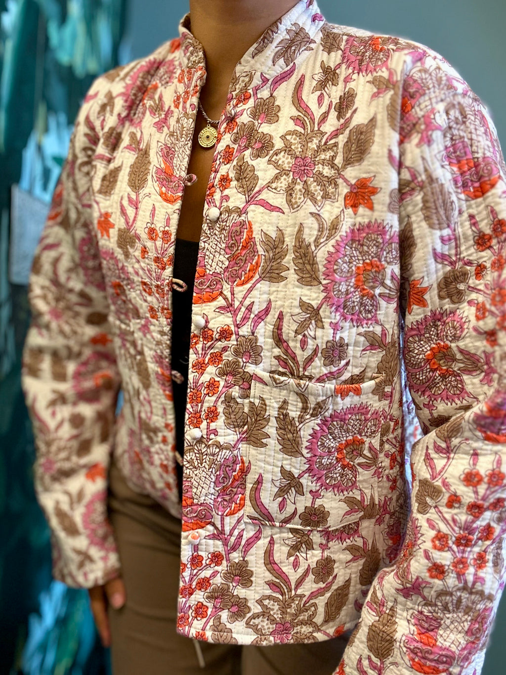 Naya White Jacket with Violet Flowers (Reversible)